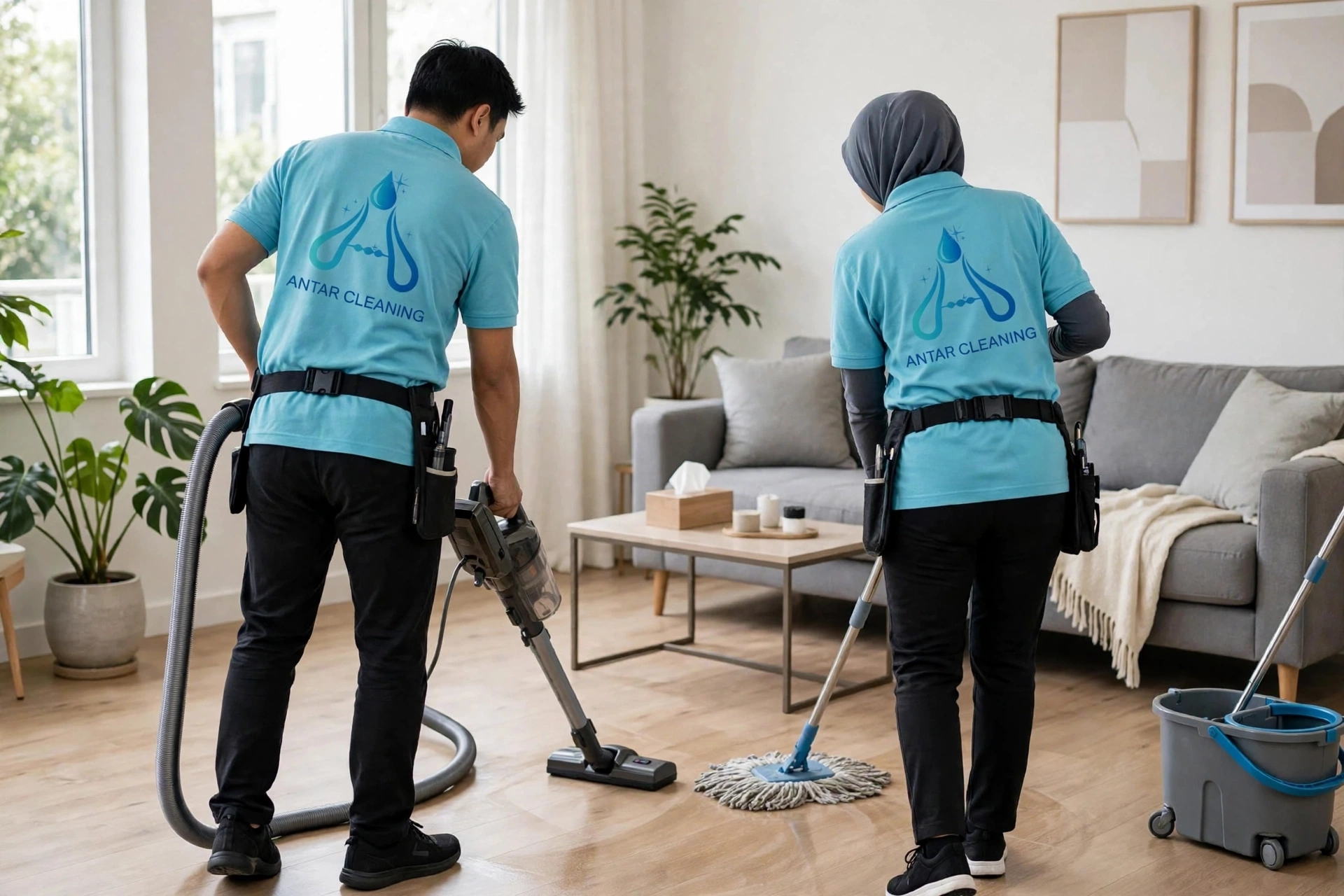 Petugas antarcleaning sedang membersihkan ruang keluarga
